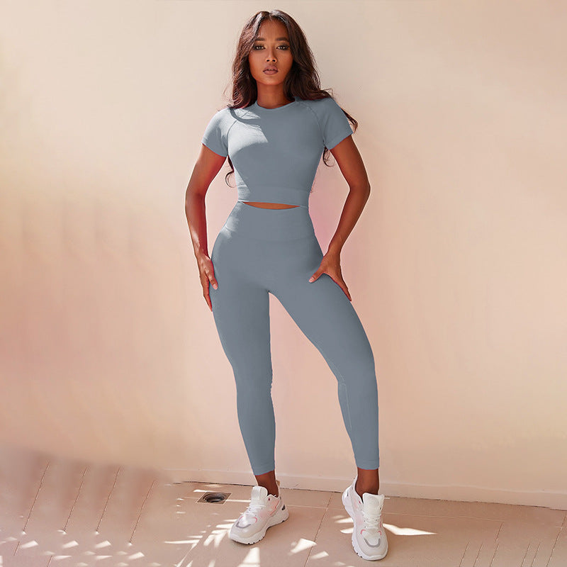 Amazon Sports New Solid Color Sports Yoga Set Summer Pink Yoga Suit Short-sleeved Tight Two-piece Set