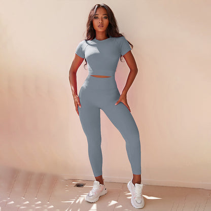 Amazon Sports New Solid Color Sports Yoga Set Summer Pink Yoga Suit Short-sleeved Tight Two-piece Set