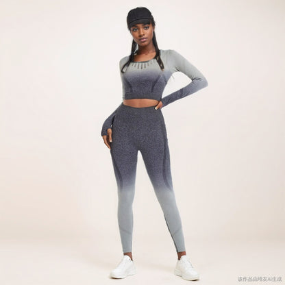 Customized New European and American Seamless Peach Hip Gradual Change Color Sports Suit Long Sleeve Yoga Suit Fitness Clothes Women