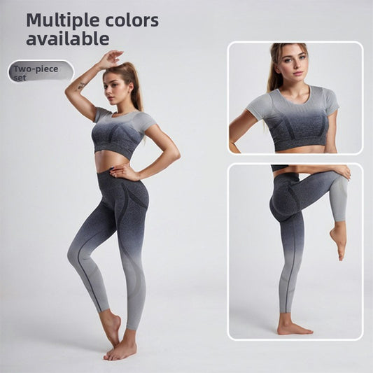 Yoga Clothes Shockproof Sports Short Sleeves High Waist Gradual Change Fitness Clothes Set Girls Summer Hip Lift Women Shapewear
