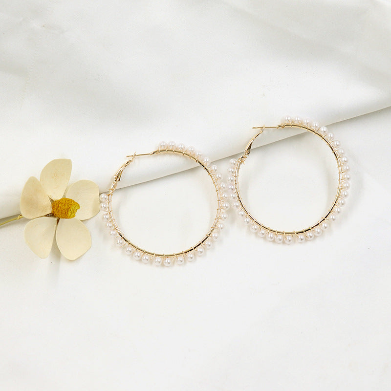 XP17 European and American  Explosion Fashion Geometric Large Circle Earrings Women's Pearl Winding Ear Buckle Exaggerated Temperament Ear