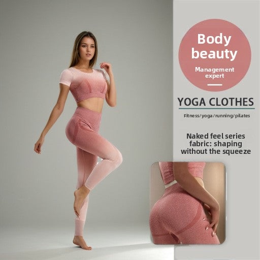 Yoga Clothing Shock-proof Sports Short-sleeved High-waisted Summer Yoga Clothing Suit Women's Summer Sports Suit Women's European and American
